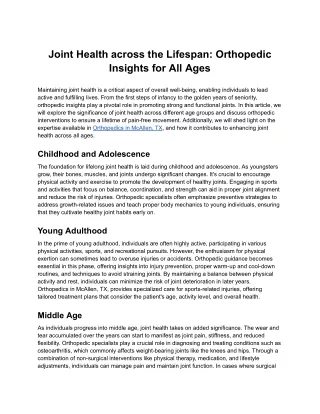 Joint Health across the Lifespan: Orthopedic Insights for All Ages