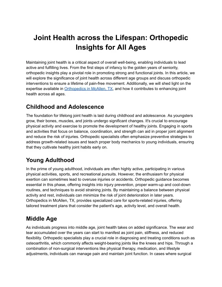 joint health across the lifespan orthopedic