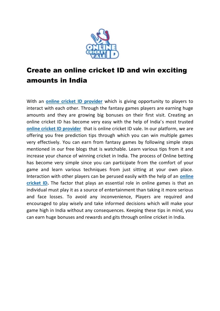 create an online cricket id and win exciting
