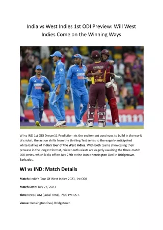 WI vs IND 1st ODI Dream11 Prediction_ Will West Indies Come on the Winning Ways