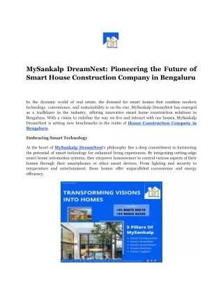 MySankalp DreamNest - Pioneering the Future of Smart House Construction Company in Bengaluru