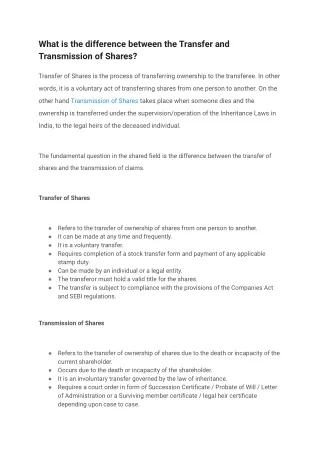 What is the difference between the Transfer and Transmission of Shares