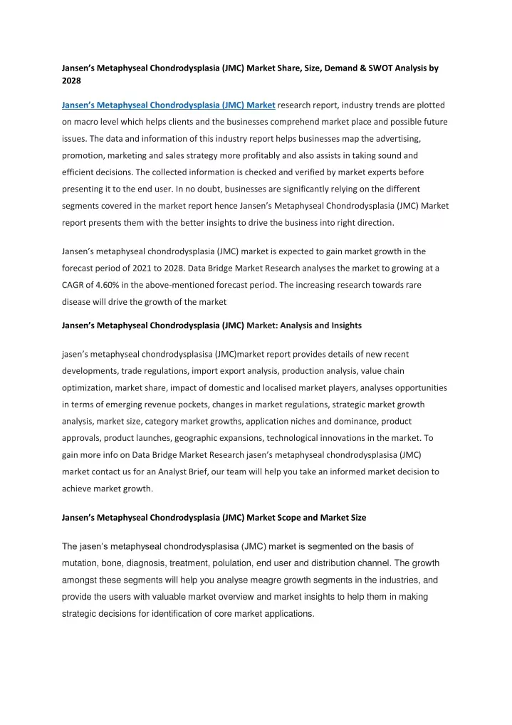 jansen s metaphyseal chondrodysplasia jmc market