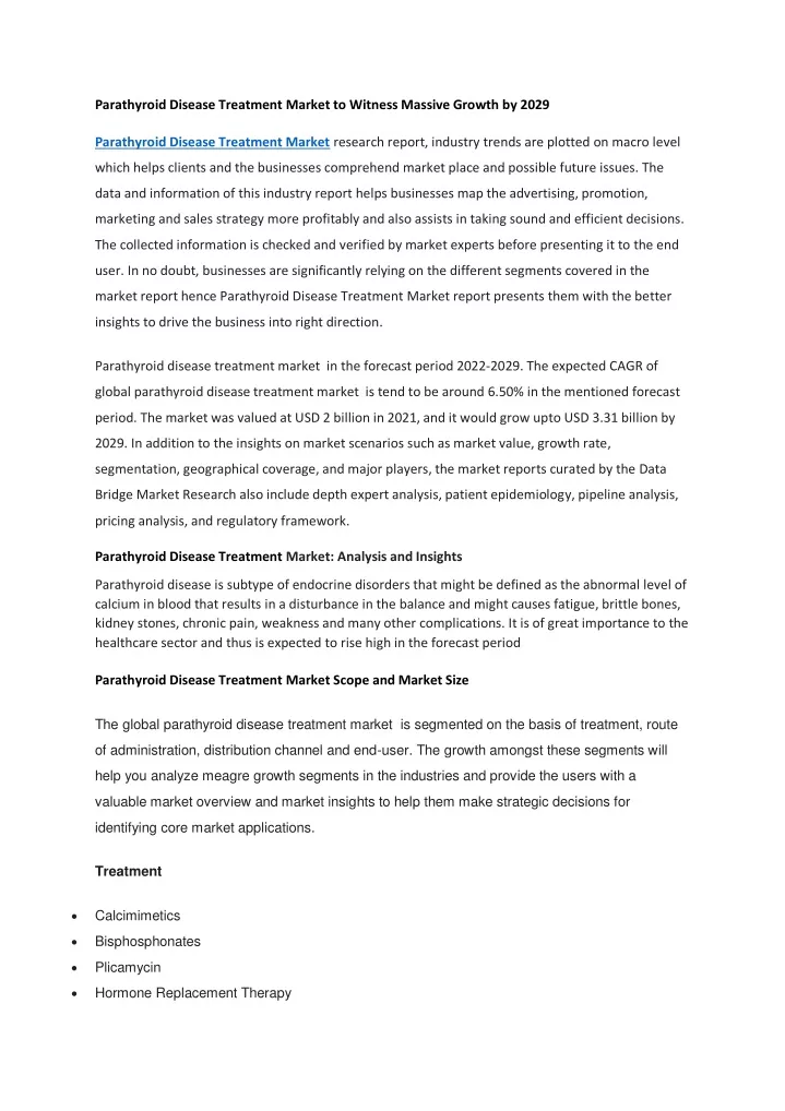 parathyroid disease treatment market to witness
