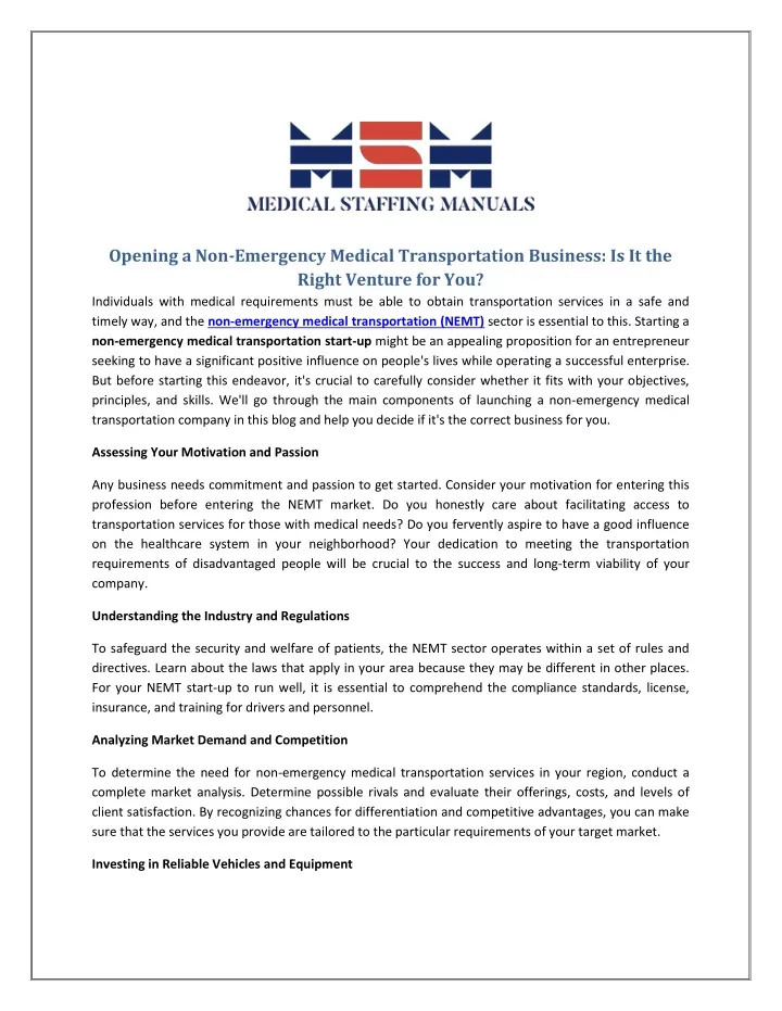 opening a non emergency medical transportation