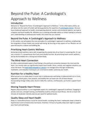 A Cardiologist's Approach to Wellness