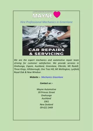 Hire Professional Mechanics in Greenlane