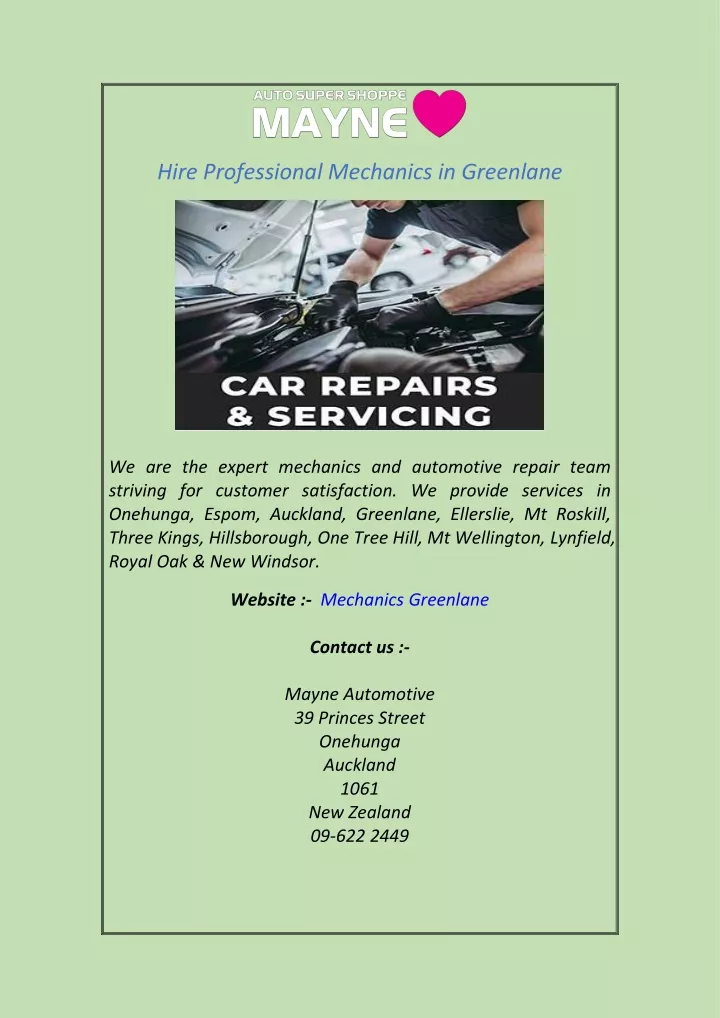 hire professional mechanics in greenlane