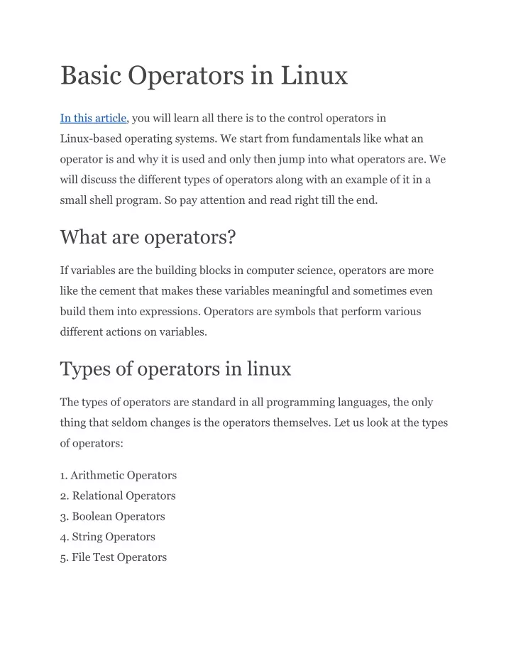 basic operators in linux