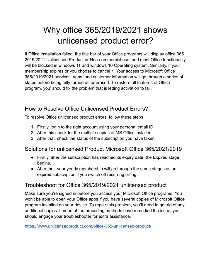 why office 365 2019 2021 shows unlicensed product