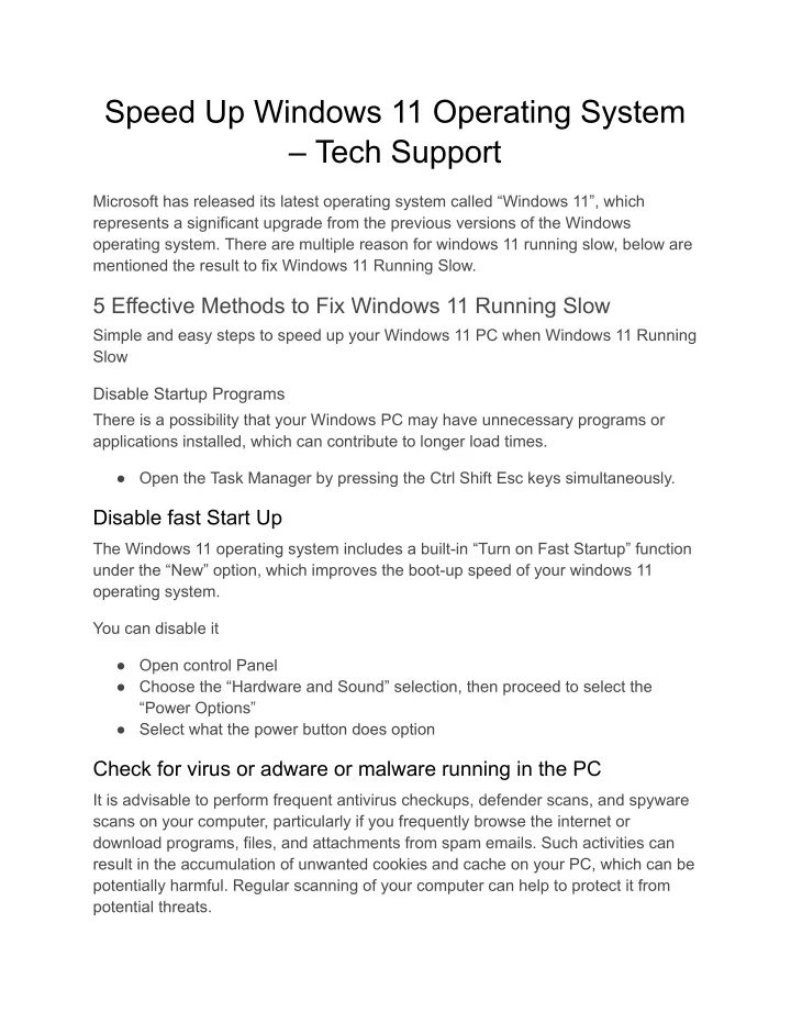 speed up windows 11 operating system tech support