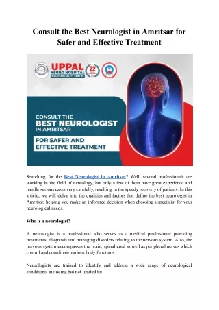 Consult the Best Neurologist in Amritsar for Safer and Effective Treatment