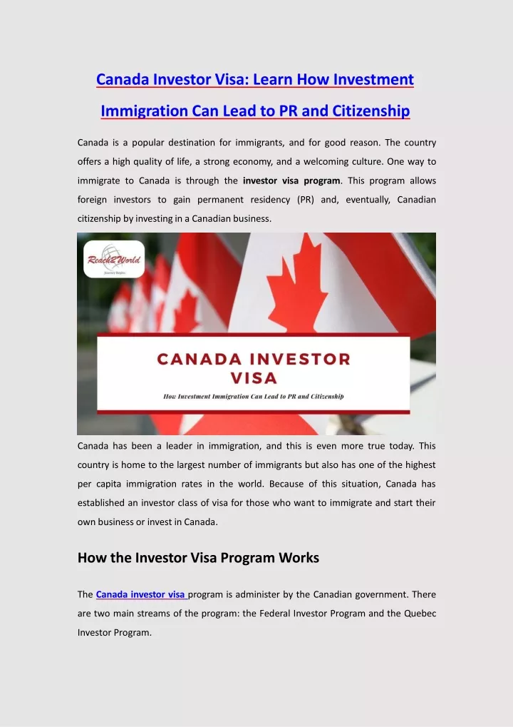 canada investor visa learn how investment