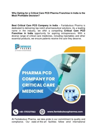 Critical Care PCD Pharma Franchise in India is the Most Profitable Business