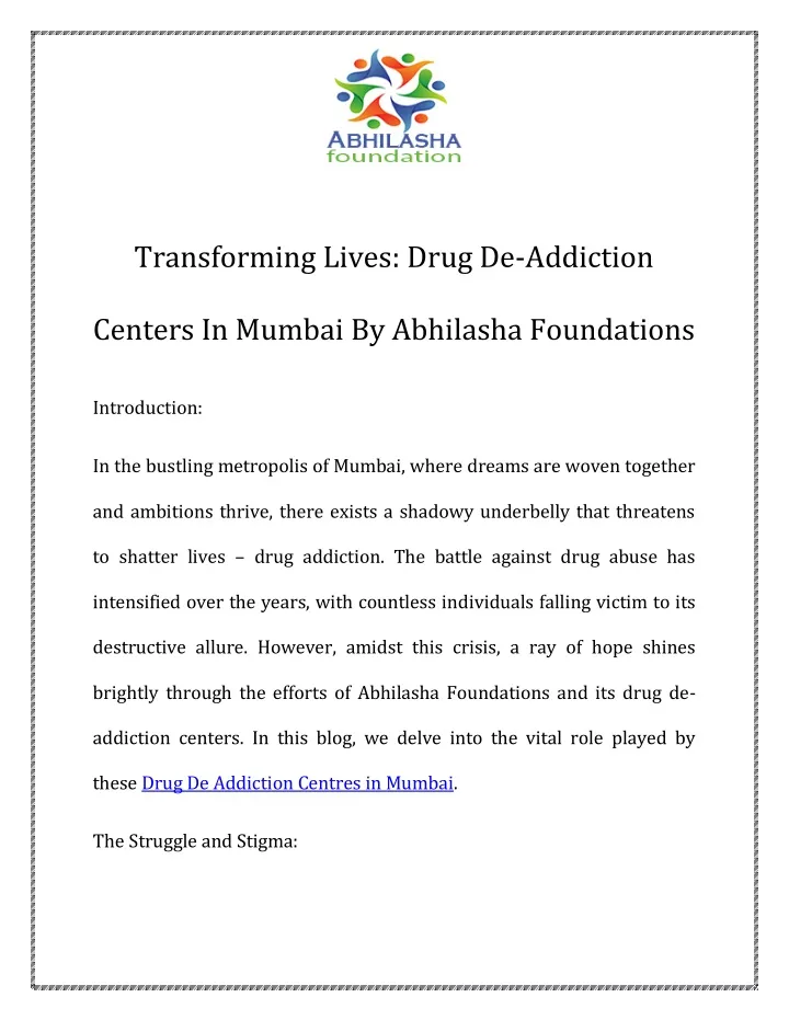 transforming lives drug de addiction