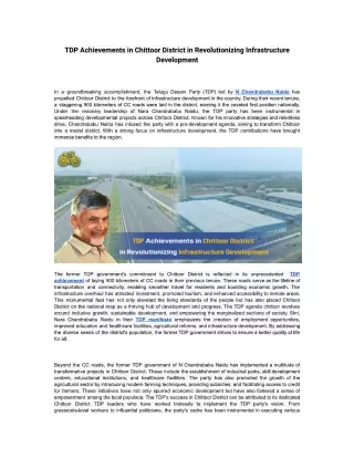 TDP Achievements in Chittoor District in Revolutionizing Infrastructure Development