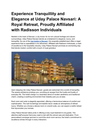 Experience Tranquillity and Elegance at Uday Palace Navsari_ A Royal Retreat, Proudly Affiliated with Radisson Individua
