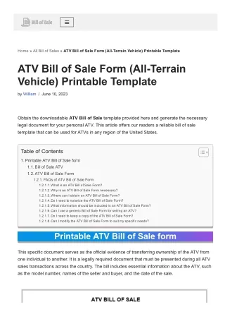 ATV Bill of Sale Form (All-Terrain Vehicle) Printable Template