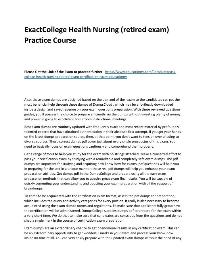 exactcollege health nursing retired exam practice