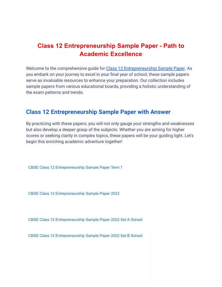 class 12 entrepreneurship sample paper path