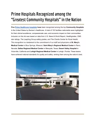 Prime Hospitals Recognized among the “Greatest Community Hospitals” in the Nation