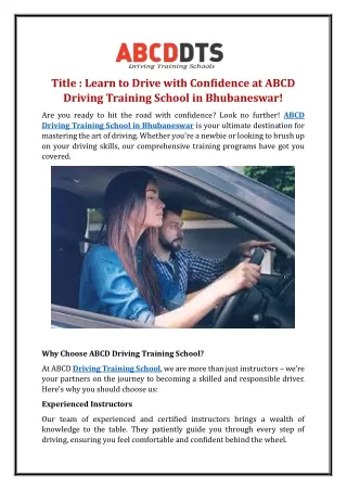 Learn to Drive with Confidence at ABCD Driving Training School in Bhubaneswar!