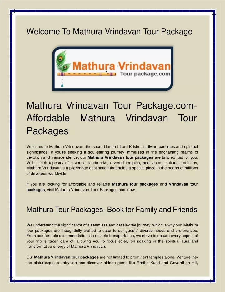 welcome to mathura vrindavan tour package