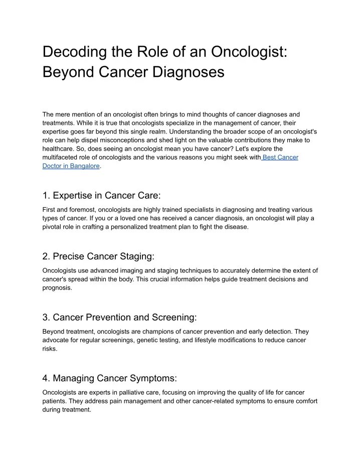 decoding the role of an oncologist beyond cancer