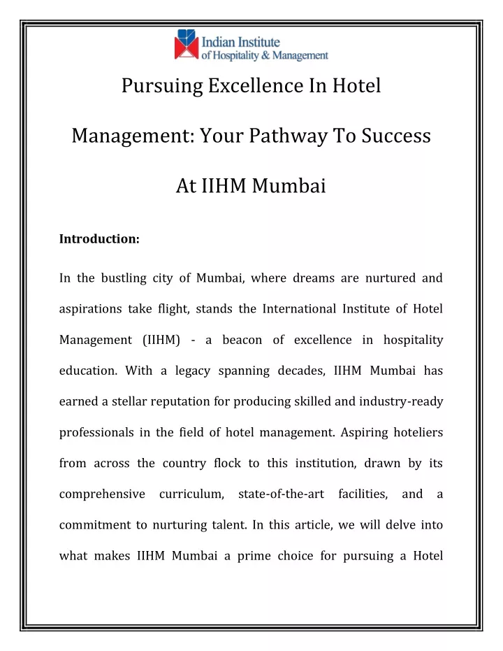 pursuing excellence in hotel
