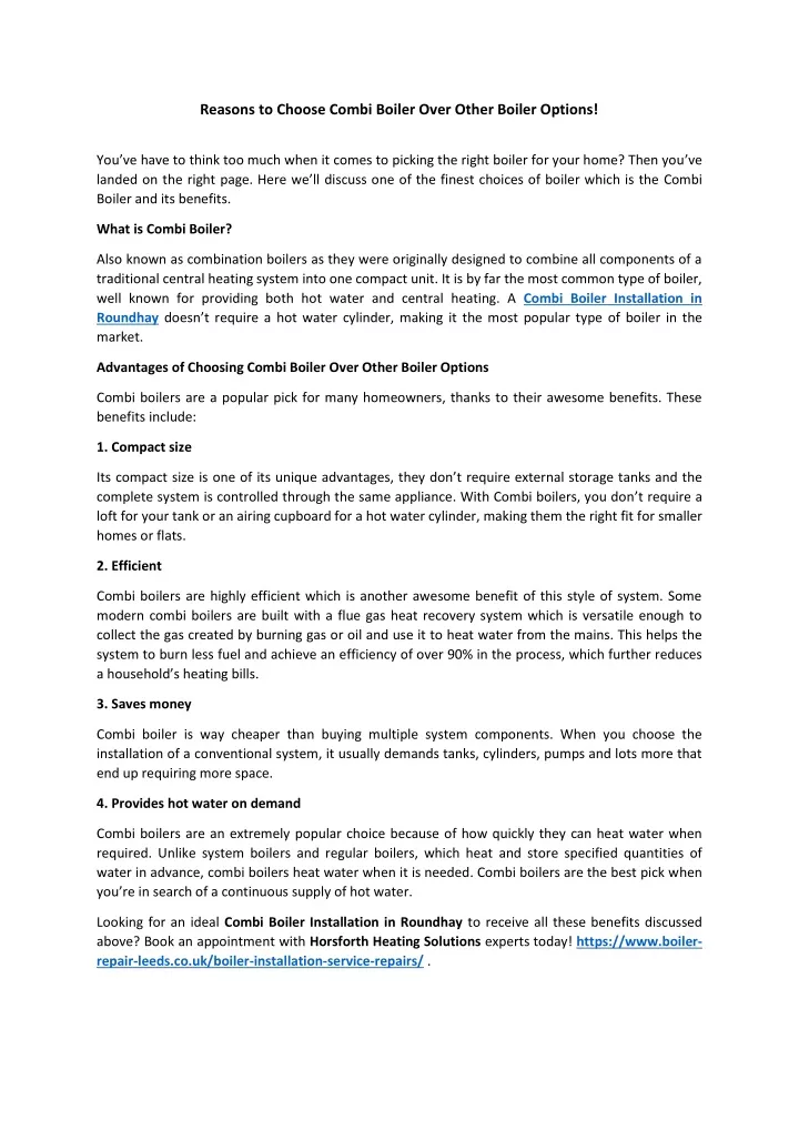 reasons to choose combi boiler over other boiler
