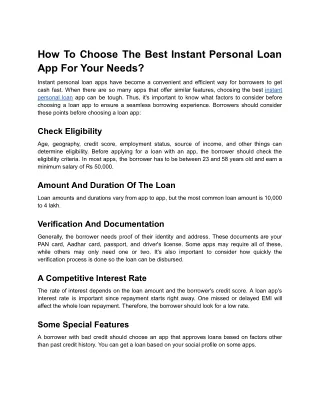 How to Choose the Best Instant Personal Loan App for Your Needs