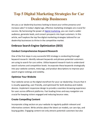 Top 5 Digital Marketing Strategies for Car Dealership Businesses