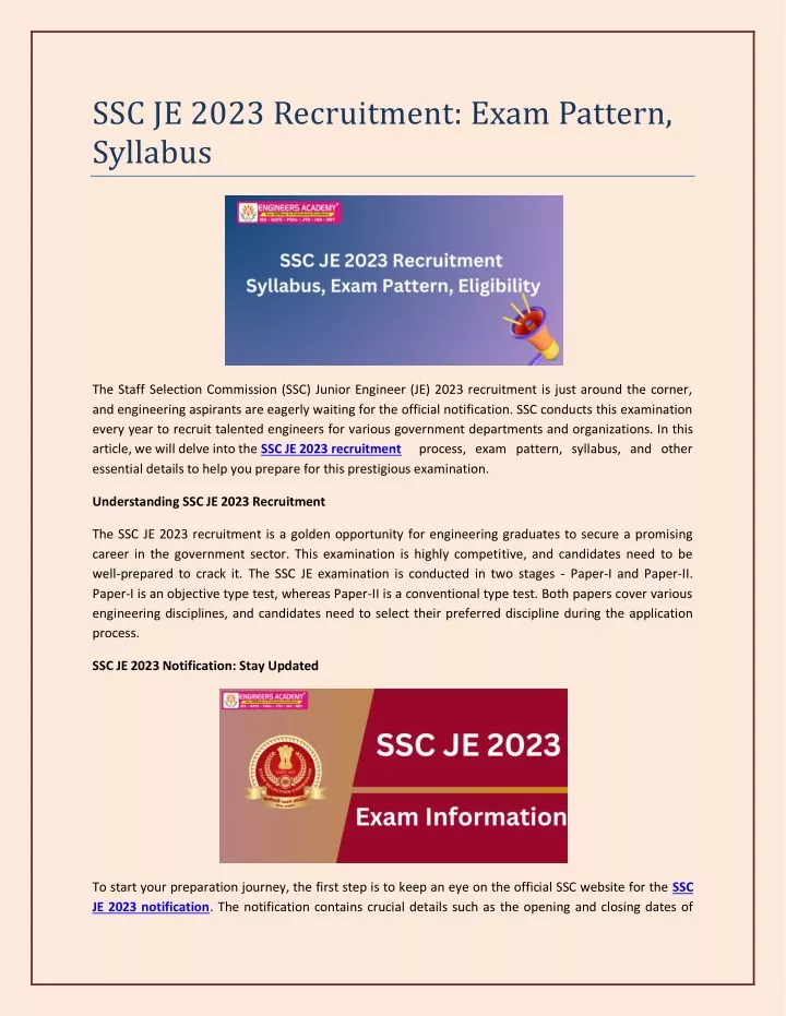 ssc je 2023 recruitment exam pattern syllabus