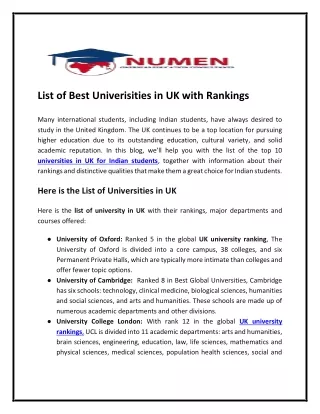 List of best univerisities in UK with rankings