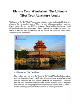 Elevate Your Wanderlust: The Ultimate Tibet Tour Adventure Awaits