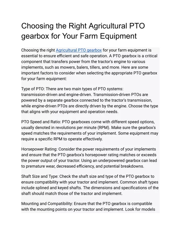 choosing the right agricultural pto gearbox