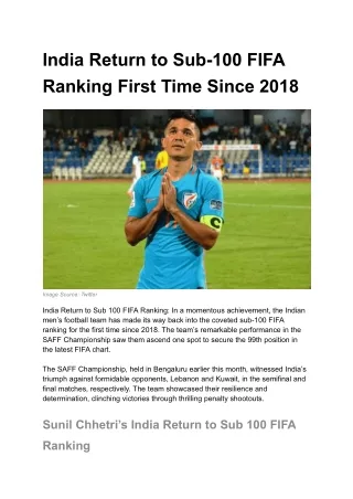 India Return to Sub 100 FIFA Ranking