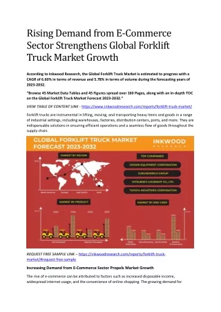 Rising Demand from E-Commerce Sector Strengthens Global Forklift Truck Market Growth