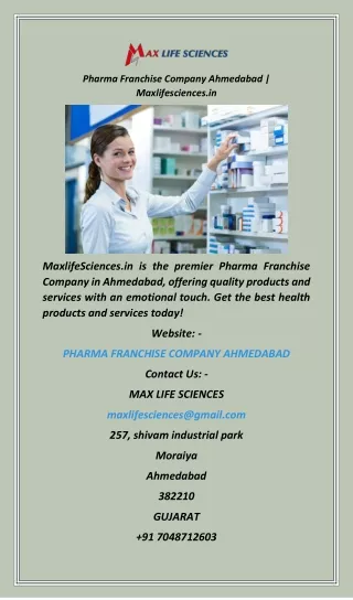 Pharma Franchise Company Ahmedabad  Maxlifesciences.in