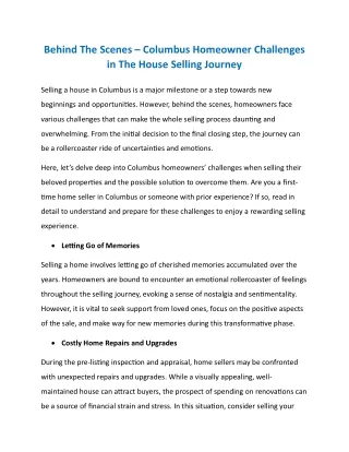 Behind The Scenes  Columbus Homeowner Challenges in The House Selling Journey