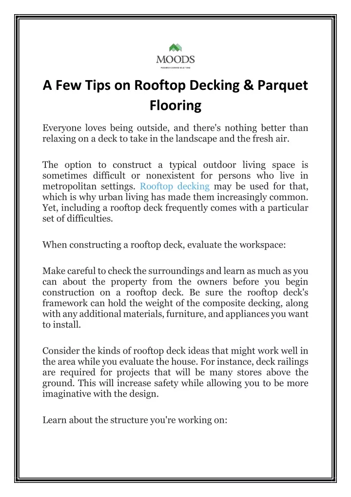 a few tips on rooftop decking parquet flooring