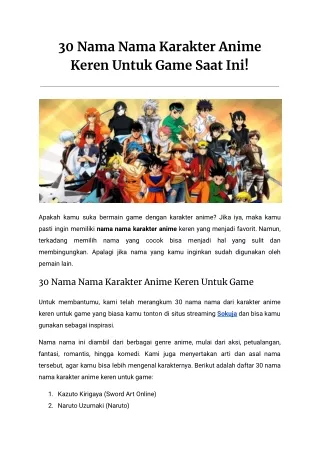 30 Nama Nama Karakter Anime Keren Untuk Game Saat Ini!