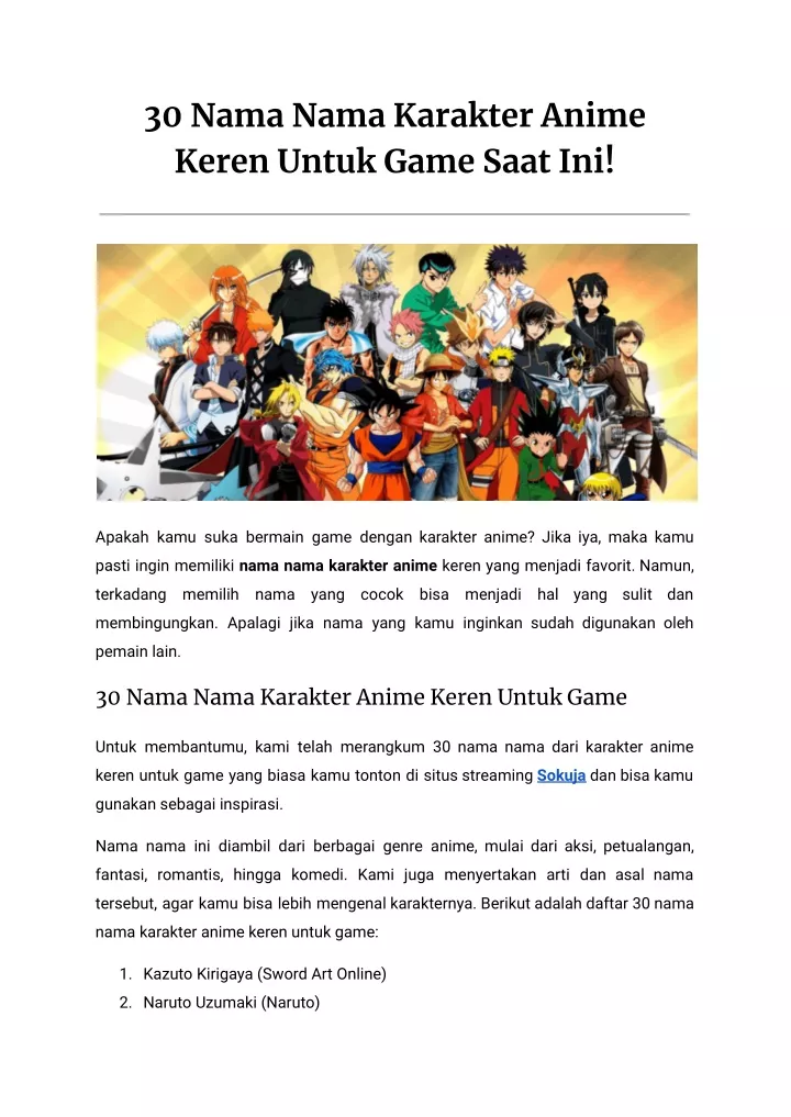 PPT - 30 Nama Nama Karakter Anime Keren Untuk Game Saat Ini! PowerPoint ...