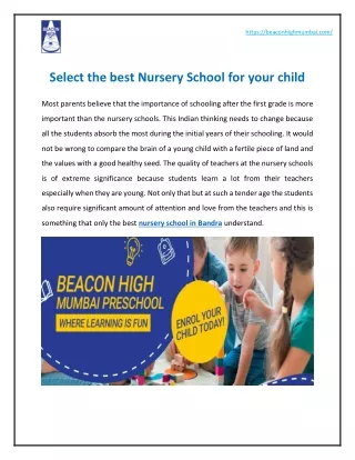 Select the best Nursery School for your child