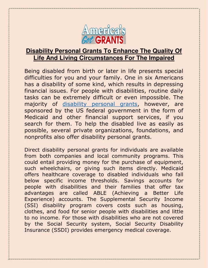 disability personal grants to enhance the quality
