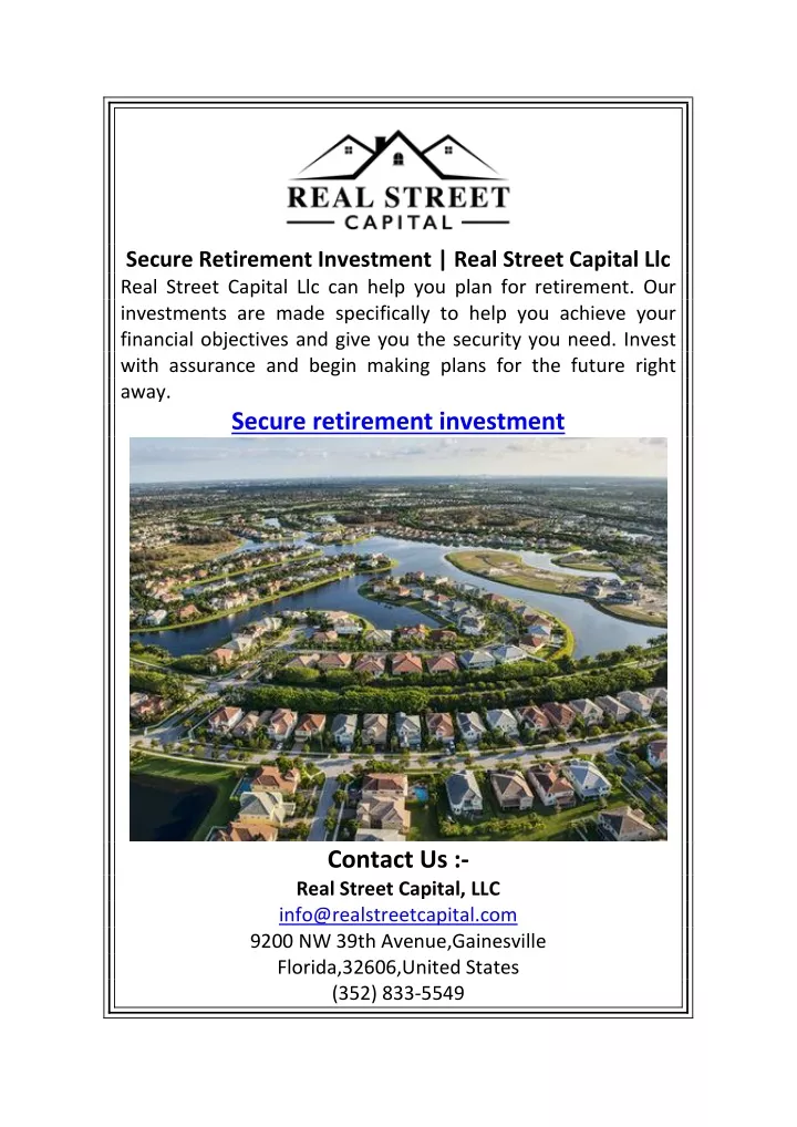 secure retirement investment real street capital