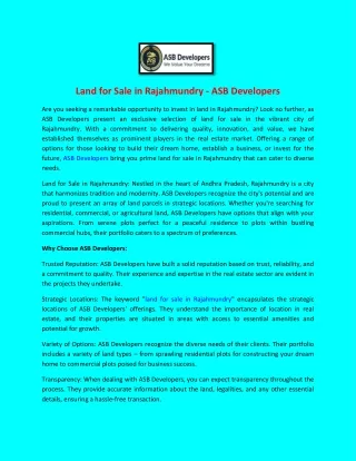 land for sale in rajahmundry asb developers