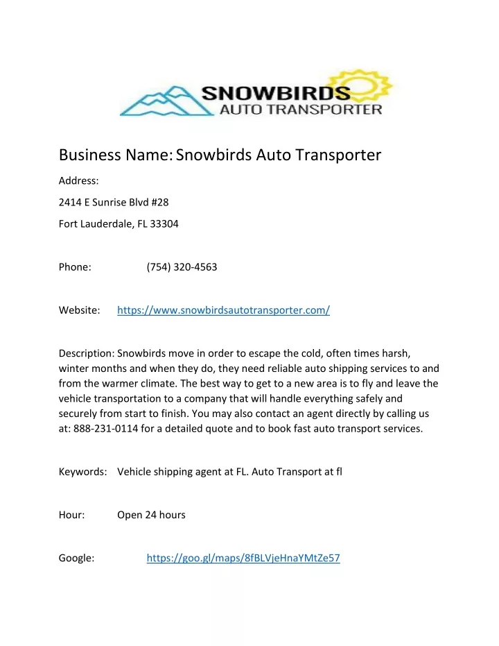 business name snowbirds auto transporter