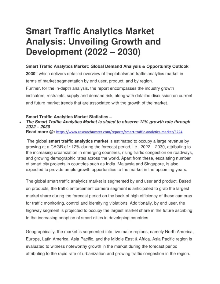 smart traffic analytics market analysis unveiling