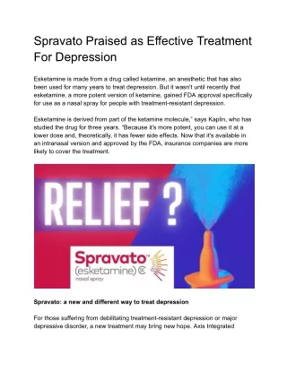 Spravato Praised as Effective Treatment For Depression